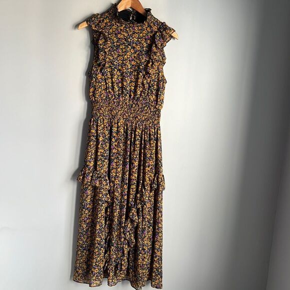 NEW lulus Evalina Mustard Yellow Floral Print Mock Neck Midi Dress - Picture 2 of 12